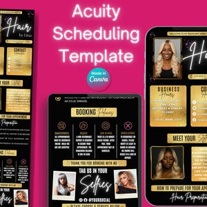 May include: Acuity scheduling template for a hair stylist, featuring a black and gold design. The template includes business hours, contact information, booking policies, and preparation instructions. The design is made in Canva.
