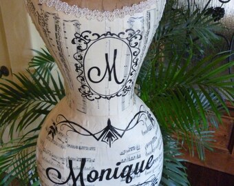 Vintage Inspired Dress Form Mannequin Monogram Wasp Waist  Tatoo Angel Wings  FREE SHIP & LAYAWAY