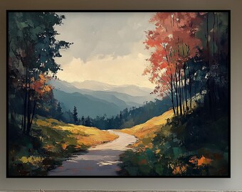 Hand-Painted Autumn Road Oil Painting, Textured Abstract Art