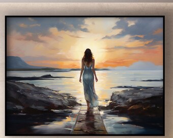 手描きの抽象油絵：孤独な女性の海景、テクスチャのある壁装飾 - Etsy 日本