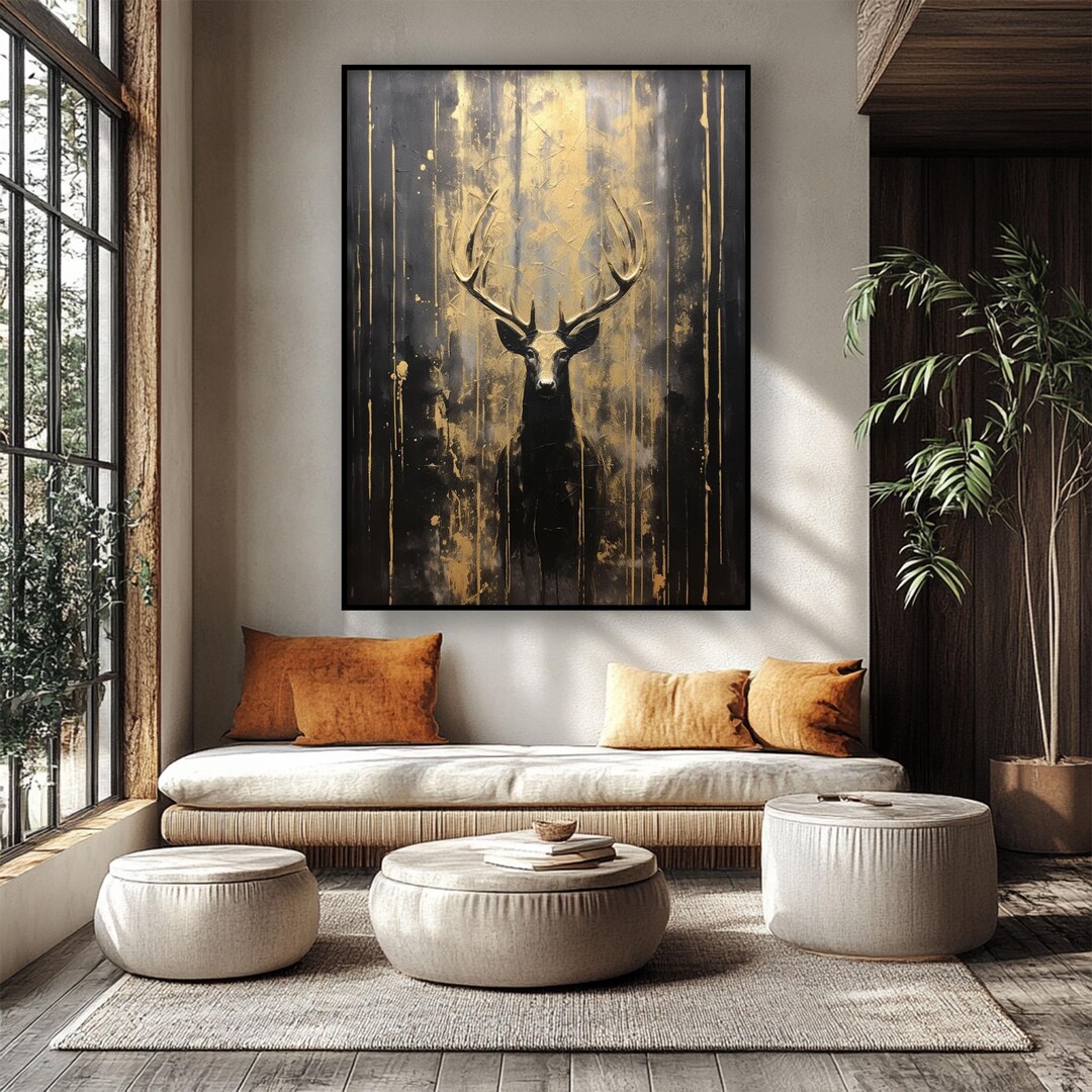 Abstract Stag Oil Painting: Black and Gold Antlers, Modern Wall Art - Etsy