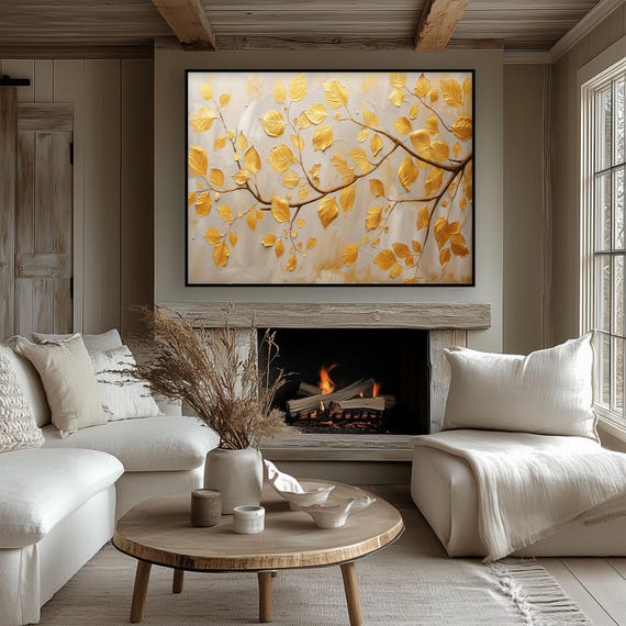 Golden Leaf Tree Branch Painting: Textured Abstract Oil Artwork - Etsy
