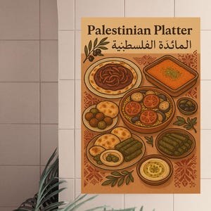 Palästinensische Küche Wand Kunst Druck - Traditionelle Küche aus dem Nahen Osten Poster, Kulturelle Küchen Dekoration, Maqluba, Knafeh, Hummus Illustration