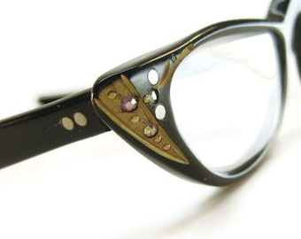 Vintage 60s Eyeglasses Eyewear With Rhinestones Frame A/O  Shelf #88