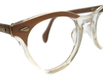 Vintage 1960s Brown Clear Horn Rim Cateye Eyeglasses Eyewear Frame AmericanOptical NOS  Shelf #291