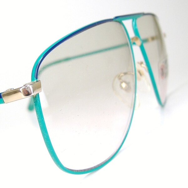 Vintage Tura Aviator 1970s Green Blue Big Lens Eyeglasses Frame NOS