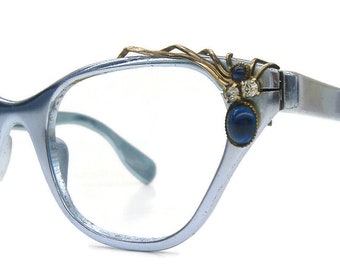 Vintage Tura Blue Horn Rim Cateye Eyeglasses With Blue And Diamond Accents Frame #335