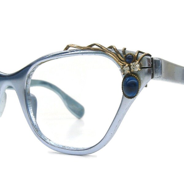 Vintage Tura Blue Horn Rim Cateye Eyeglasses With Blue And Diamond Accents Frame #335