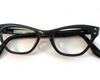 Vintage 50s Charcoal HornedRim Cateye Eyeglasses Eyewear Frame NOS Shelf#45