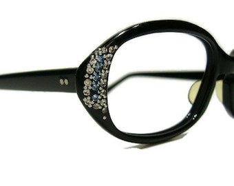 Lunettes de vue oeil de chat noires vintage des années 60 avec cadre en strass étagère #327