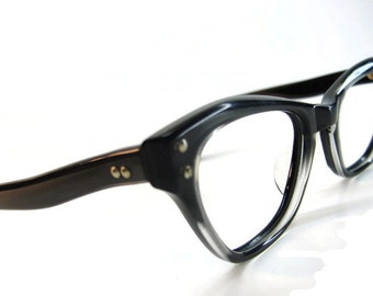 Vintage 50s Charcoal HornedRim Cateye Eyeglasses Eyewear Frame NOS Shelf#45