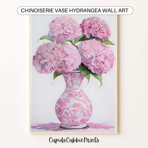 Chinoiserie Wall Art Hydrangea Prints, Pink Hydrangea Art Prints For Coquette Dorm Room Poster, Summer Coastal Cowgirl Hydrangea Print