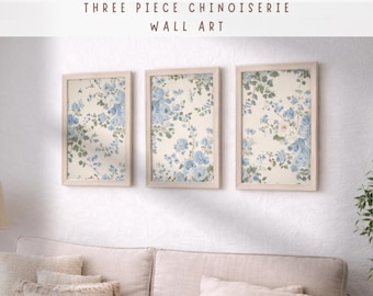 Arte de pared botánico azul, arte de pared chinoiserie, decoración de pared de 3 piezas, arte de pared minimalista, juego de impresiones vintage, impresiones de póster de arte de pared chinoiserie