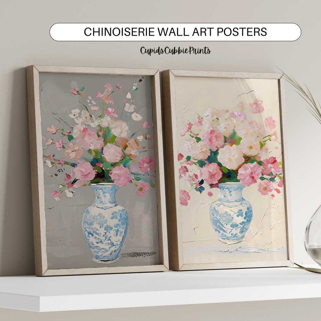 Grand Millennial Chinoiserie Printable Wall Art, Set of 2 Pink White ...