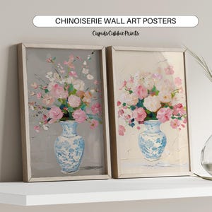 Arte de pared imprimible Grand Millennial Chinoiserie, juego de 2 impresiones de ramos de peonías rosas y blancas, póster de flores rosas en un jarrón, descarga instantánea