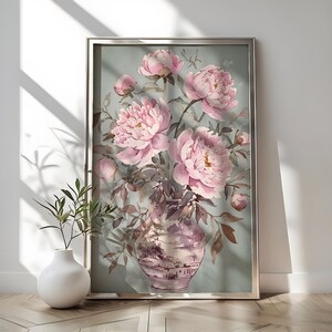 Arte mural de estilo chinoiserie verde, póster botánico de estilo chinoiserie verde, impresiones de pósteres de flores en jarrones, impresiones de pósteres florales botánicos