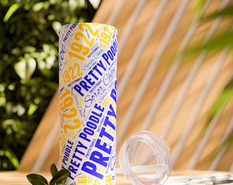 Vaso delgado personalizado con un bonito caniche, azul y dorado, ropa Sigma Gamma Rho, regalo de hermandad, regalo de sucesión - Vasos personalizados