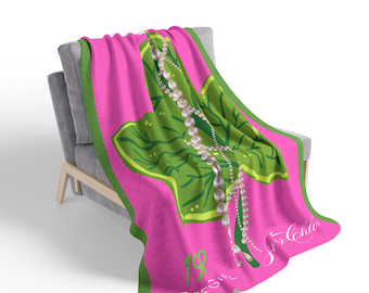 Gepersonaliseerde roze en groene Alpha Kappa Alpha-fleecedeken, ontwerp 1908, geschenk nalatenschap, roze groen, sherpaworp, slaapzaalbeddengoed, cadeau studentenvereniging