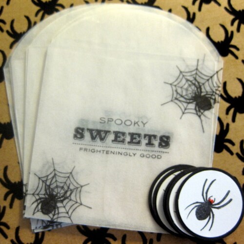 SPOOKY SWEETS Halloween Treat Favor Glassine bags with spider embellishments set of 8