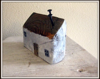 Small Primitive hand painted reclaimed wood house set rustic shelf decor cottage