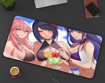 May include: A rectangular desk mat featuring an anime-style illustration of three characters with pink, dark blue, and purple hair wearing swimwear. The central character holds a green cocktail garnished with an orange slice and a red flower.