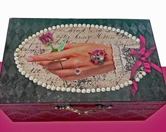 Gothic Victorian Hand with Skull Tattoo Box Personalized, Pearls, Crimson Burgundy Flower and Dark Crimson Rose Surrounded by pearls