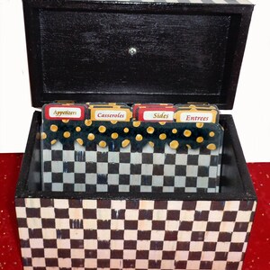 Recipe Box Black and White Checkerboard and Striped. Topped with a ceramic Red knob. Whimsical, Decor, Black & White, image 4