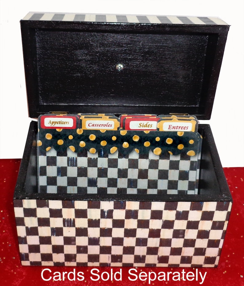 Recipe Box Black and White Checkerboard and Striped. Topped with a ceramic Red knob. Whimsical, Decor, Black & White, image 4