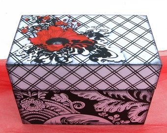 Personalized Recipe Box Black, Red and White Damask Crimson Poppies Wooden