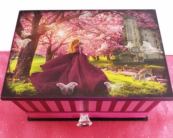 Jewelry Box  Flying Butterfly  Mystic, Celestial, Occult, Gothic, Castle,  Keepsake, Victorian, Burgundy, Pink