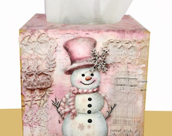 Boîte à mouchoirs en bois rose personnalisée pour Noël : Père Noël, bonhomme de neige, sapin, décoration rose personnalisée, fêtes