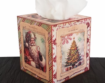 Boîte à mouchoirs en bois décorée pour Noël : Père Noël, camion, sapin, cadeau, partitions, fêtes