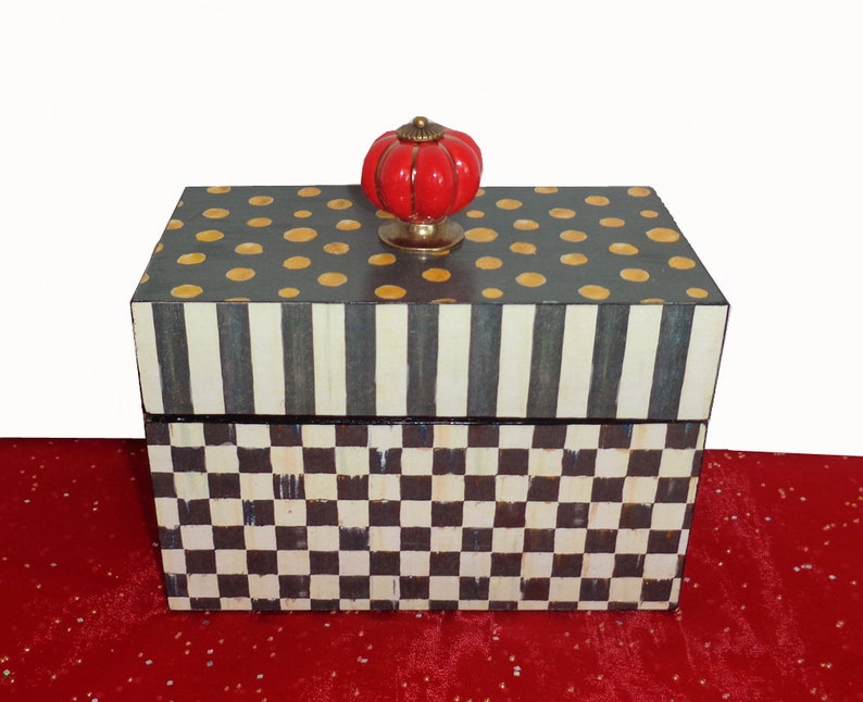 Recipe Box Black and White Checkerboard and Striped. Topped with a ceramic Red knob. Whimsical, Decor, Black & White, image 2