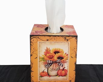 Boîte à mouchoirs en bois décorée pour l'automne, Thanksgiving, les citrouilles, les fêtes de fin d'année et Halloween
