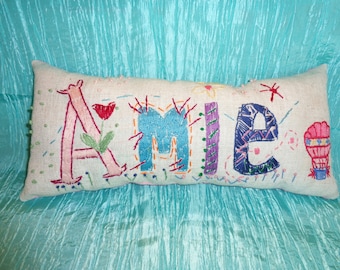 Girl or Boy Handmade Personalized Embroidered Freehand Name to order Pillow,  cotton embroidery