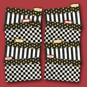 May include: Six black and white checkered recipe dividers with gold polka dot trim and black and white striped trim. The dividers are labeled with the following categories: Appetizers, Breads, Soups & Salads, Sides, Entrees, and Desserts.