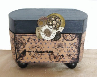 Ready to Ship  On Sale Steampunk Jewelry Box with Steampunk finding on front Moment in Time Beige and dark blue Clocks