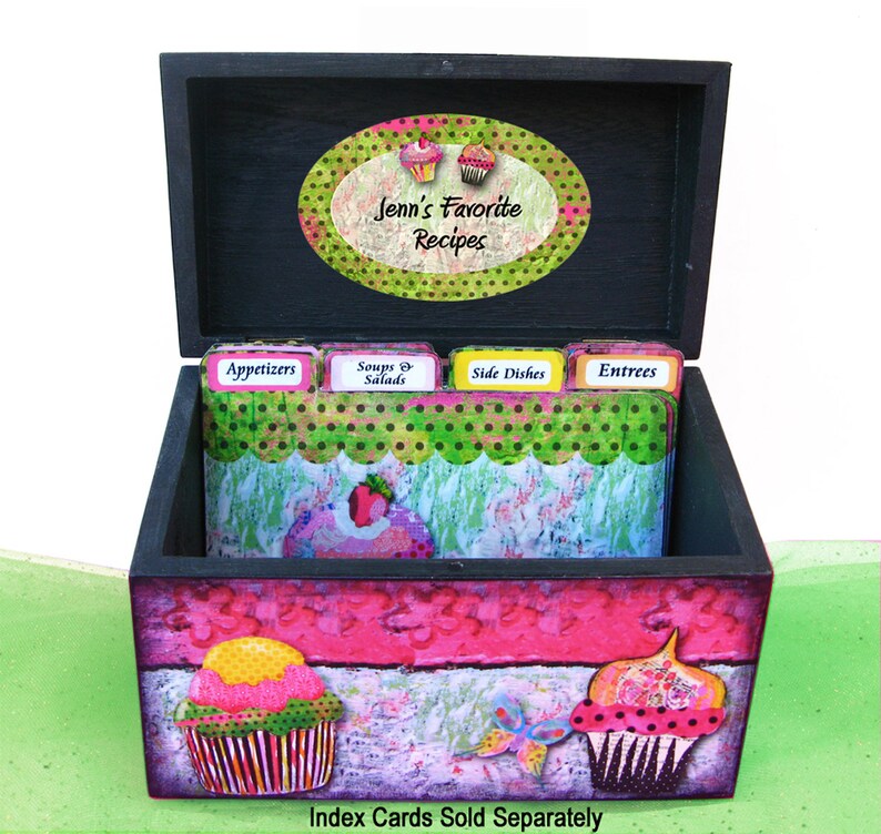 Recipe Box Personalized Wooden Hot Pink and Lime Green Cupcake Craze Anniversary, wedding, housewarming, newlywed, gift for her image 4