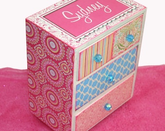 Girls Jewelry Box Bohemian Princess Personalized Hot Pink & Turquoise Unique Gift