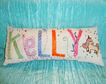 Girl and Boy Personalized Hand Embroidered Freehand Name Pillow , Girls Room, Wild pattern, cotton embroidery