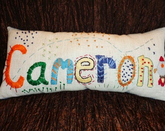 Children Personalized Hand Embroidered Freehand Name Pillow Girl and Boy, Girls Room, Wild pattern, cotton embroidery