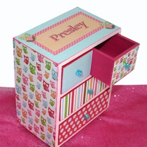 Jewelry Box Personalized Girl Cute Hoot Owl Hot Pink, Lime Green and Turquoise image 4