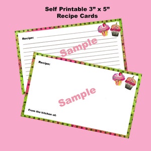 May include: Printable recipe cards with a green and pink polka dot border. The cards are 3 inches by 5 inches and feature a cupcake illustration. The text "Recipe:" and "From the kitchen of:" is printed on the cards. The word "Sample" is written in pink on the cards.
