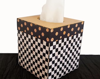 Couvercle de boîte à mouchoirs en bois noir et blanc avec couvercle doré, boîte à mouchoirs rétro, carrée, pois dorés, unique
