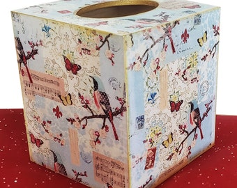 Boîte à mouchoirs en bois pour jardin à la française, liseré doré, papillons, fleur de lys, oiseaux, musique, fleurs, timbres
