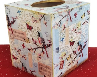 Ready to ship French Garden Wooden Tissue Box with Gold edging  Butterflies, Fleur de lis, Birds, music, Flowers, Stamps