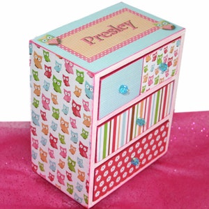 Jewelry Box Personalized Girl Cute Hoot Owl Hot Pink, Lime Green and Turquoise image 1