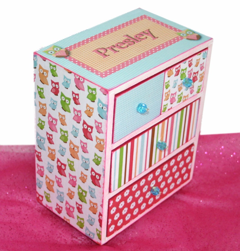 Jewelry Box Personalized Girl Cute Hoot Owl Hot Pink, Lime Green and Turquoise image 1