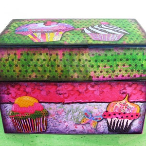 Recipe Box Personalized Wooden Hot Pink and Lime Green Cupcake Craze Anniversary, wedding, housewarming, newlywed, gift for her image 1