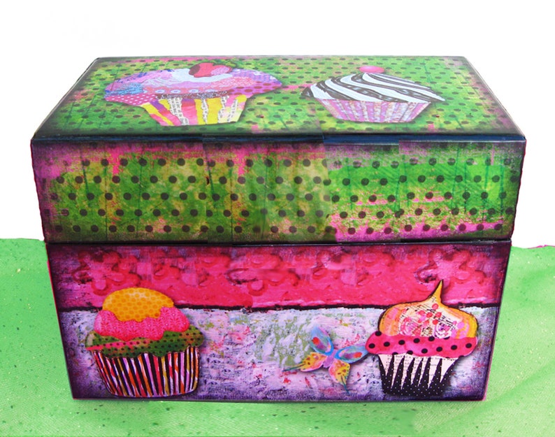 Recipe Box Personalized Wooden Hot Pink and Lime Green Cupcake Craze Anniversary, wedding, housewarming, newlywed, gift for her image 1